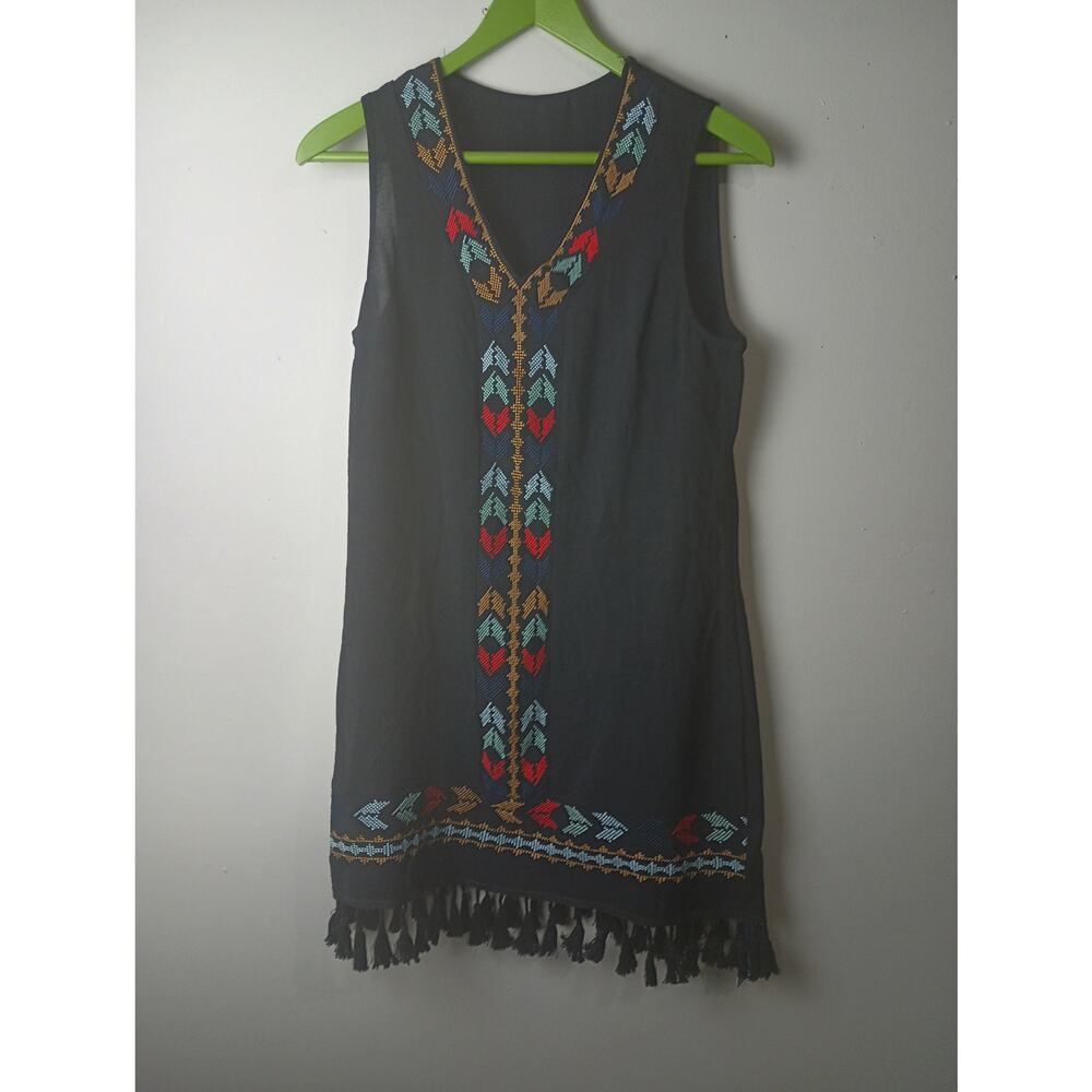 Cupshe‎ Boho Embroidered Cover Up Dress Tassel Hem Black Sheer Size S NWT
